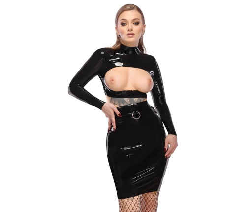 LateX Crop Top Black M - Stand-Up Collar, Long Sleeves, Open Front