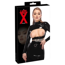 LateX Crop Top Black M - Stand-Up Collar, Long Sleeves, Open Front