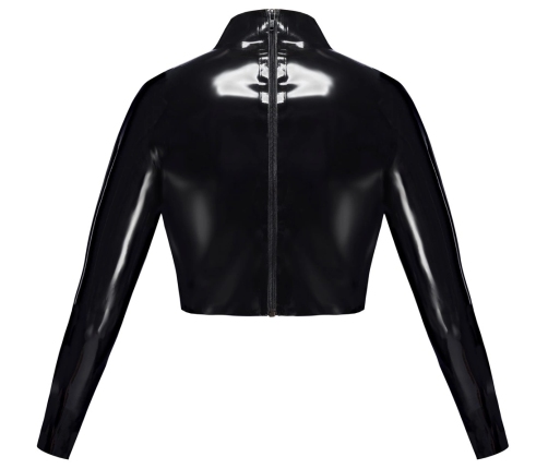 LateX Crop Top Black M - Stand-Up Collar, Long Sleeves, Open Front