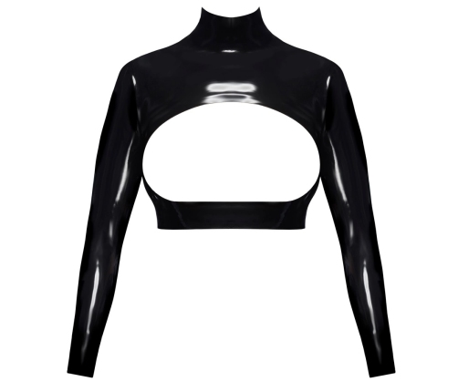 LateX Crop Top L Black - Open Front, Stand-Up Collar, Long Sleeves