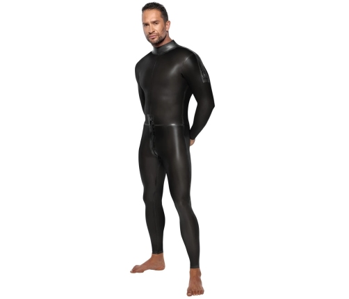 LateX Men's Full Body Black Latex Jumpsuit XL, Shoulder & Crotch Zips