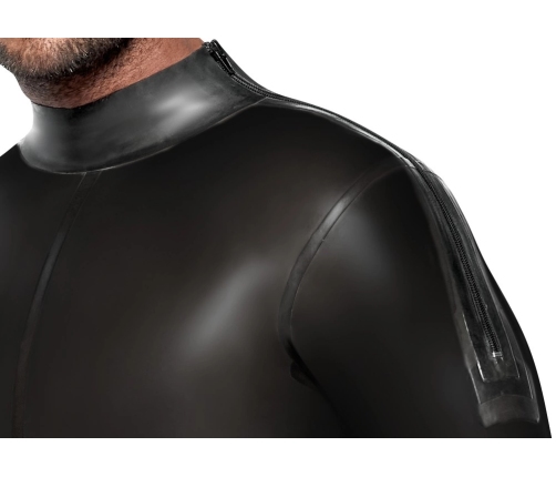 LateX Men's Full Body Black Latex Jumpsuit XL, Shoulder & Crotch Zips