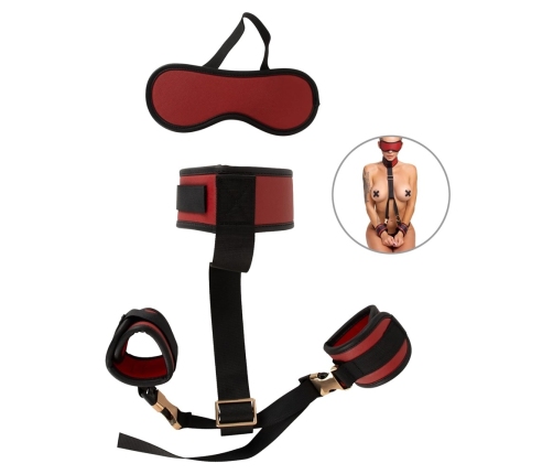 Bad Kitty Neck to Wrist Bondage Set Black/Red Adjustable with Blindfold