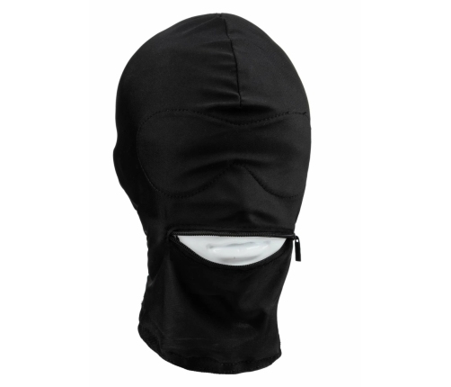 Fetish Hood Sensory Play Mask with Blindfold and Zippered Mouth Black