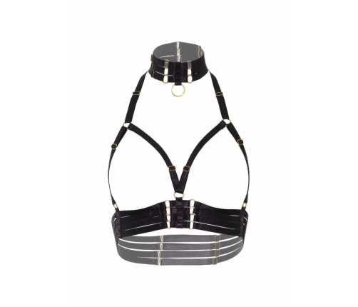 Open Cup Bra Plus O-Ring Collar Satin Harness Adjustable Black