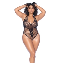 Leg Avenue Floral Fishnet Bodysuit Queen Size Black - Adjustable Neckline
