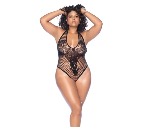 Leg Avenue Floral Fishnet Bodysuit Queen Size Black - Adjustable Neckline