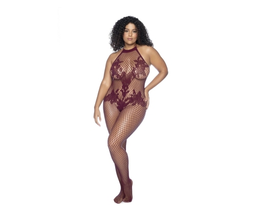 Mapele Halter Bodystocking Floral Pattern Queen Size Cherry