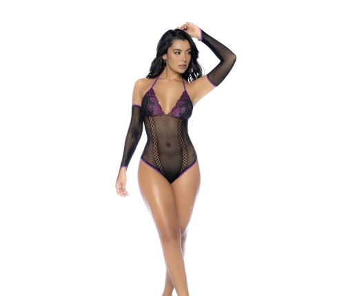 Mapele Fishnet & Lace Bodysuit Set Black/Purple One Size