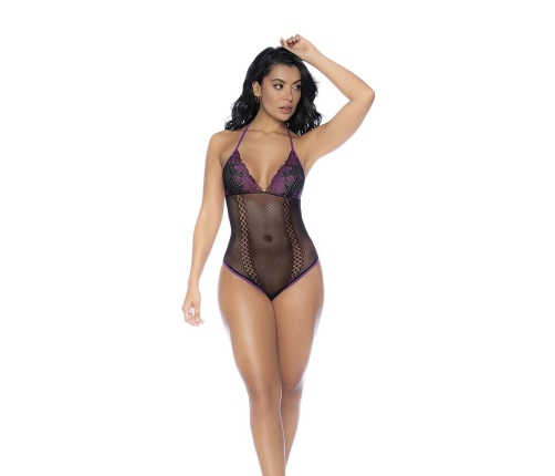 Mapele Fishnet & Lace Bodysuit Set Black/Purple One Size