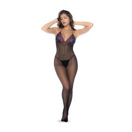 Mapele Fishnet & Lace Bodystocking Set Black/Purple One Size