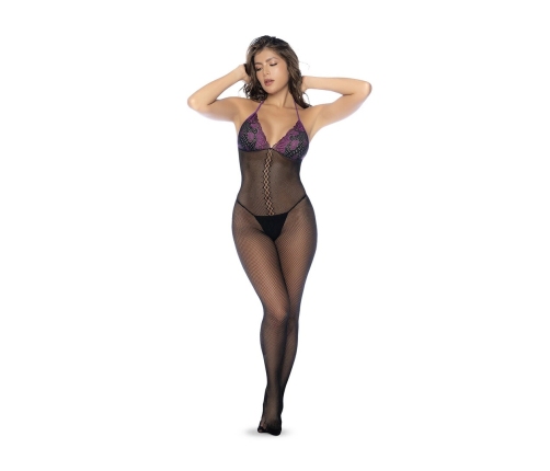 Mapele Fishnet & Lace Bodystocking Set Black/Purple One Size