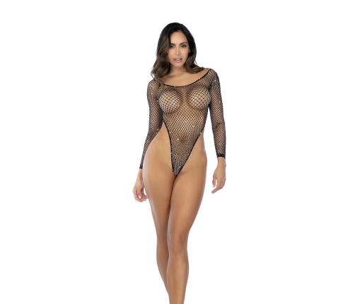 Mapele Long Sleeve Fishnet Bodysuit Black with Rhinestones One Size