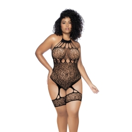Mapele Leopard Halter Fishnet Bodysuit Queen Size Black