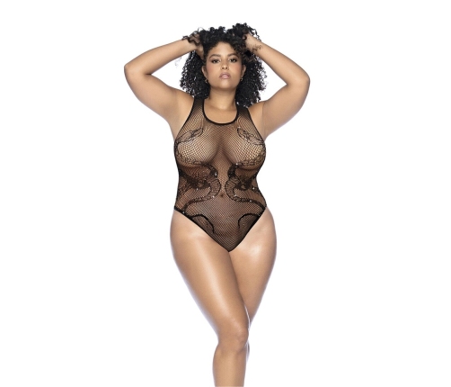 Mapele Snake Fishnet Bodysuit Queen Size Black with Rhinestones