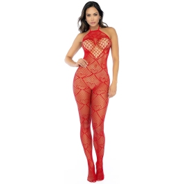 Mapale Heart Fishnet Bodystocking Rhinestone Red One Size