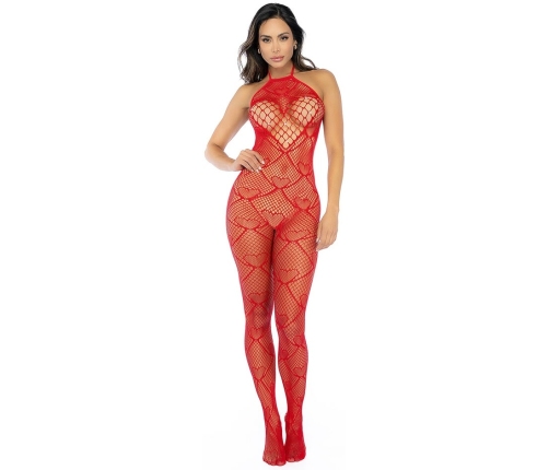 Mapale Heart Fishnet Bodystocking Rhinestone Red One Size