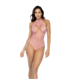 Mapale Heart Fishnet Bodysuit Bubbelgum Pink One Size - Rhinestone Detail