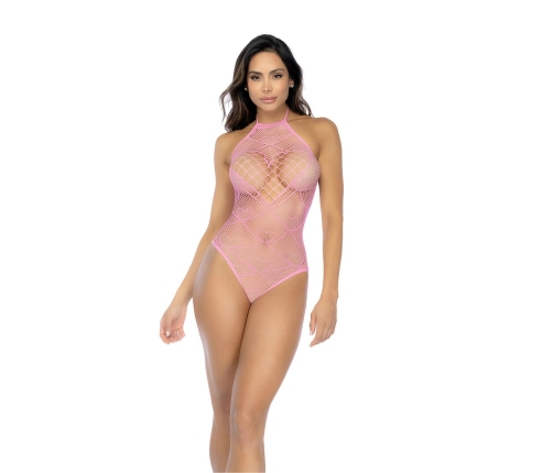 Mapale Heart Fishnet Bodysuit Bubbelgum Pink One Size - Rhinestone Detail