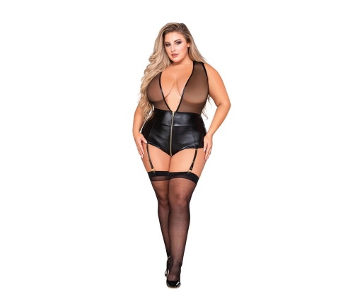 Dreamgirl Zipper Garter Teddy 1X - Black Bodysuit with Adjustable Straps