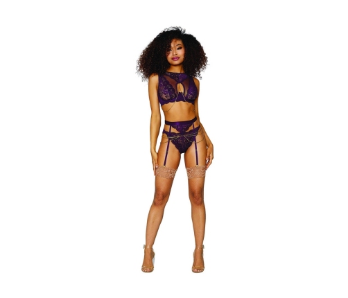 Women's Lace and Mesh 3 Piece Set - M - Aubergine
