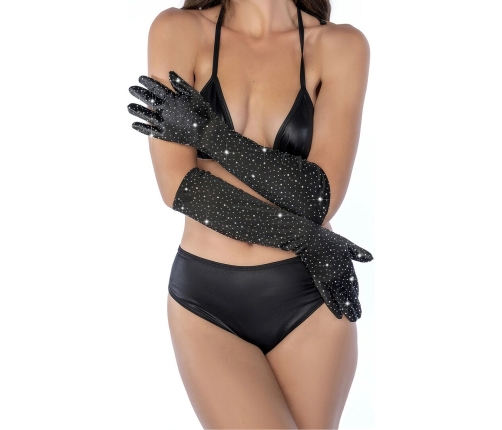 Mapale Satin Opera Gloves Black with Rhinestone Accents One Size