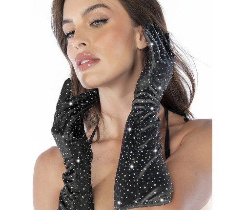 Mapale Satin Opera Gloves Black with Rhinestone Accents One Size