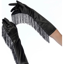 Mapale Satin Opera Gloves with Fringe Black One Size