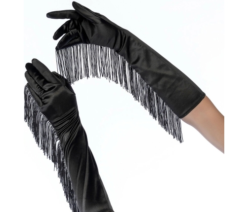 Mapale Satin Opera Gloves with Fringe Black One Size