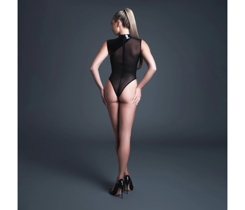 Femme Fatale Bodysuit Vinyl & Mesh Deep V Latex-Look Black M