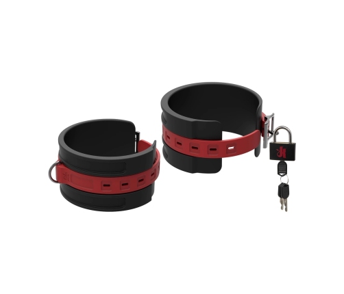 Doc Johnson Kink skorzane opaski na kostki czerwono-czarne z pierścieniami D