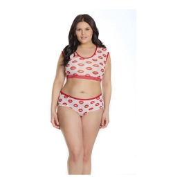 Crop Top and Shorts with Lip Print - Plus Size