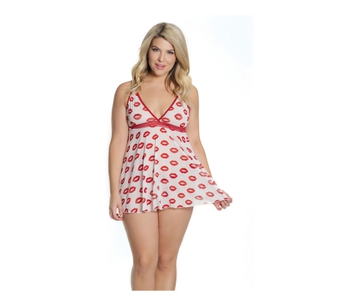 Lip Print Babydoll and Thong - Plus Size