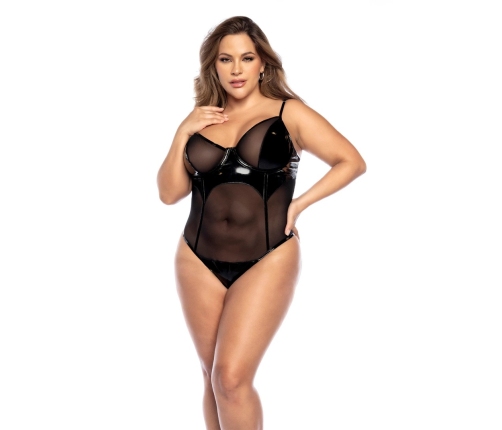 Mapale Wetlook Vinyl & Mesh Bodysuit 1X/2X Adjustable Black
