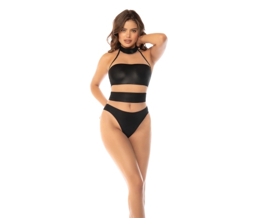 Leg Avenue Halter Bodysuit S Nude/Black - Mesh & Leather-Effect Design