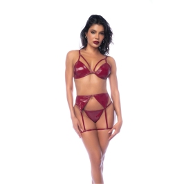 Leg Avenue Three-Piece Lingerie Set L Gloss Wine Red Vinyl Finish