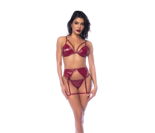 Leg Avenue Three-Piece Lingerie Set M Gloss Wine Red Adjustable Fit