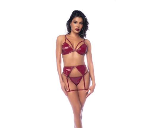Leg Avenue Three-Piece Vinyl Lingerie Set S Wine Red Adjustable Straps