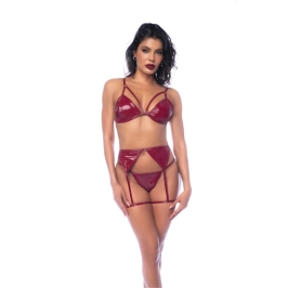 Leg Avenue Three-Piece Lingerie Set XL Glossy Wine Red Vinyl Finish