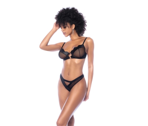 Rock Star Three-Piece Set S/M Wet Look Black Mesh Contrast Lingerie