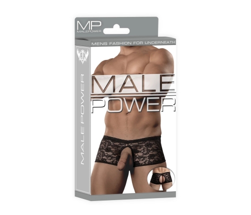 Male Power Stretch Lace Crotchless Short L/XL Black - Elegant Lace Design
