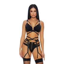 Dreamgirl Buckle Up 3-Piece Lingerie Set with Gold Accents XL