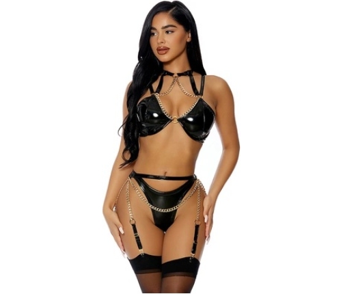 Link To Me 3-Piece Vinyl Lingerie Set with Chains and Garter L