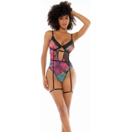 Dreamgirl Black Floral Print Bodysuit S/M with Adjustable Straps