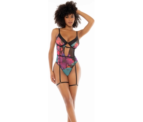 Dreamgirl Black Floral Print Bodysuit S/M with Adjustable Straps