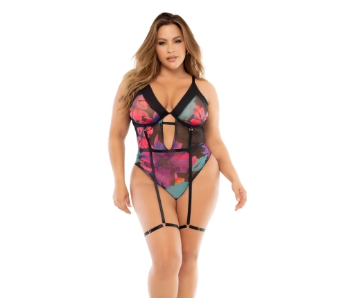 Dreamgirl Teddy 1/2X Black Bodysuit with Flower Print and Adjustable Straps