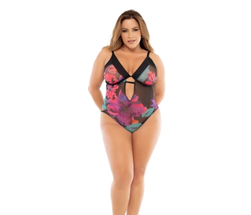 Dreamgirl Black Floral Print Bodysuit with Adjustable Straps 3/4X