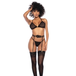 Leg Avenue L/XL Black Sheer Mesh Three-Piece Set with Embroidered Details