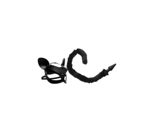 XR Brands Cat Tail Intimate Accessory Set - Black Leather Mask & Tail Plug