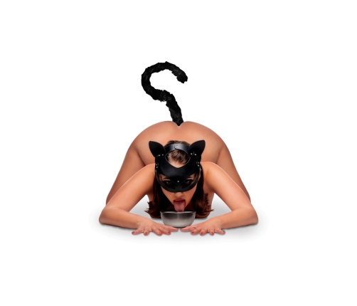 XR Brands Cat Tail Intimate Accessory Set - Black Leather Mask & Tail Plug